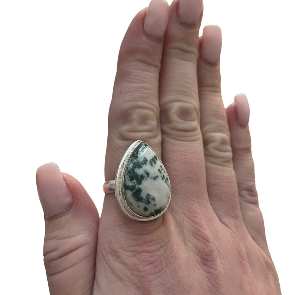 Tree Agate Solid Sterling Silver Ring Size 9 - image 3